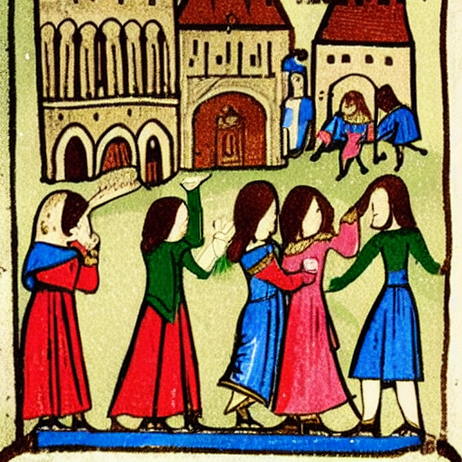 a medieval city, medieval illustration with schoolgirls dancing