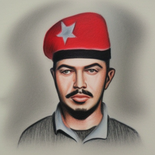 che guevarra, color pencil sketch, with small red star on small black beret, symmetrical