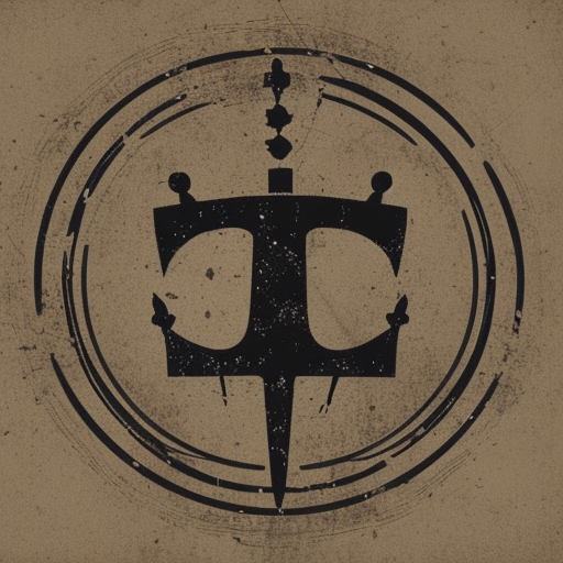a distressed logo of a scythe with a crown on top