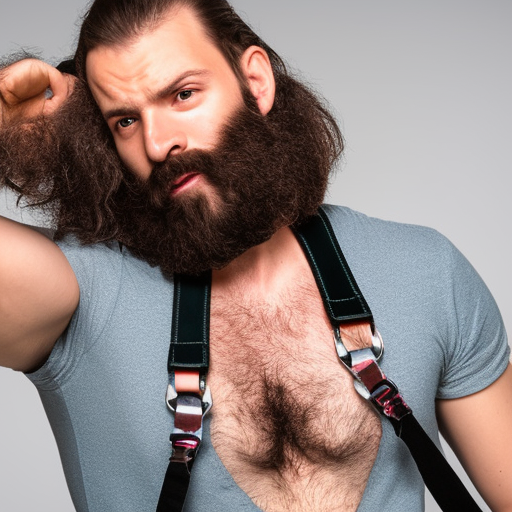 Hairy man using a harness