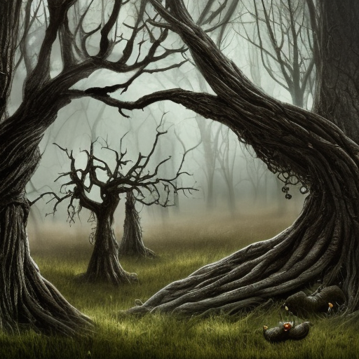 dark medieval, gnarled tree with twig dolls hanging from branches, bare roots, hole in the ground, Warhammer fantasy, summer, trees, misty, overcast, Dark, creepy, grim-dark, gritty, Yuri Hill, hyperdetailed, realistic, illustration, high definition, 4K, oil on canvas%>