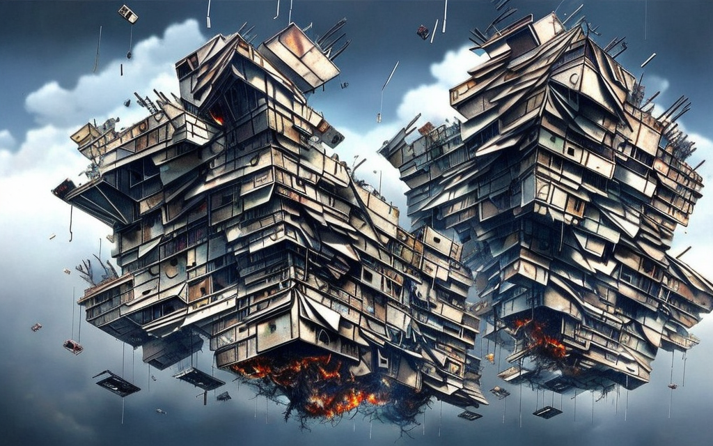 very realistic Lebbeus Woods floating city, building made of parts and rubbish on fire and exploding into pieces and falling through clouds
