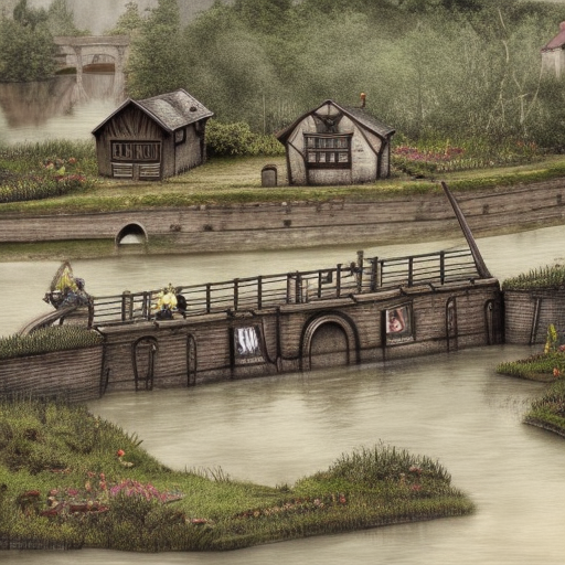 Dark medieval wide big river lock with two sluices, Warhammer fantasy, water levels, lock gates, one house, rocks, summer, bushes, trees, nets, fishing, fish, water-lily, boat, poor, black adder, muddy, puddles, misty, overcast, Dark, creepy, grim-dark, gritty, detailed, realistic, illustration, high definition