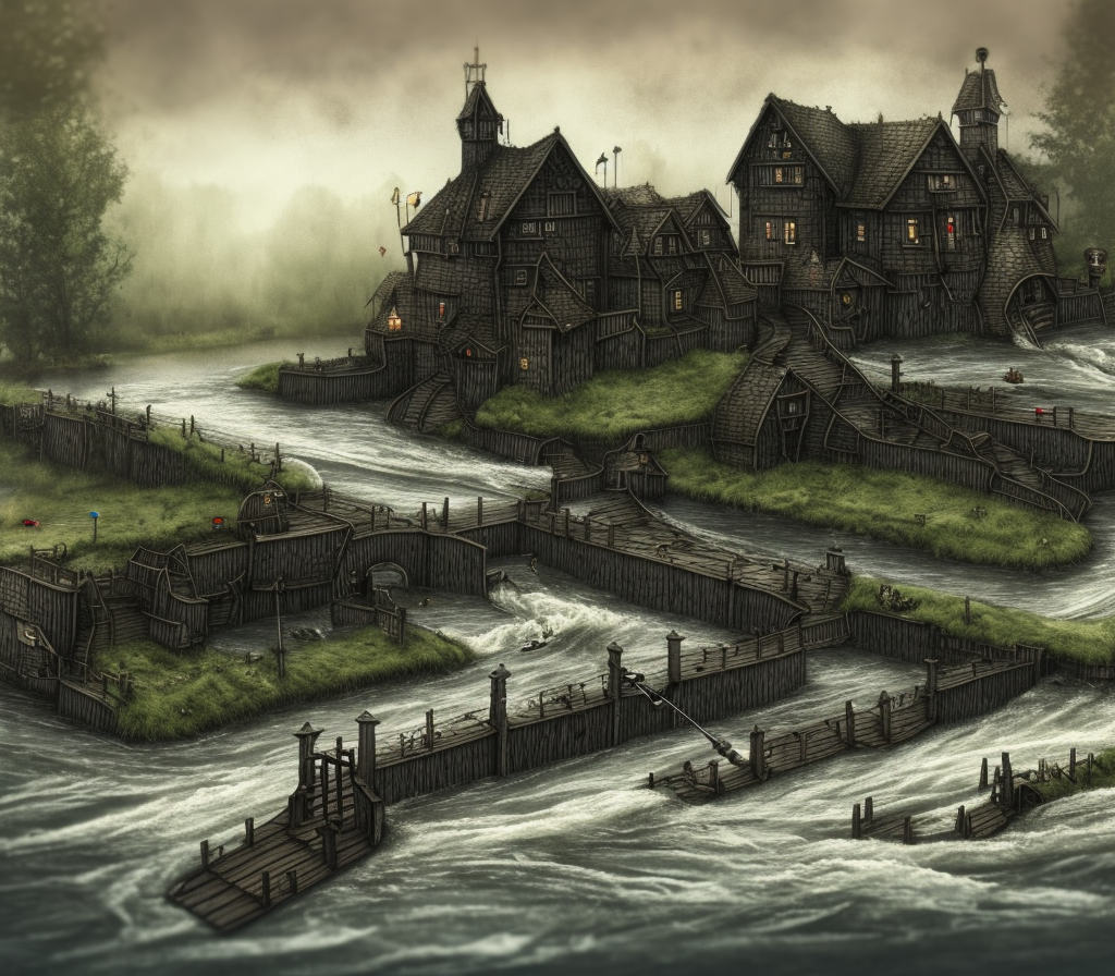 dark medieval straight big river, rocky rapids, river lock with two sluices between island and shore, two water levels, Warhammer fantasy, house, summer, trees, fishing, nets, black adder, muddy, misty, overcast, Dark, creepy, grim-dark, gritty, hyperdetailed, realistic, illustration, high definition