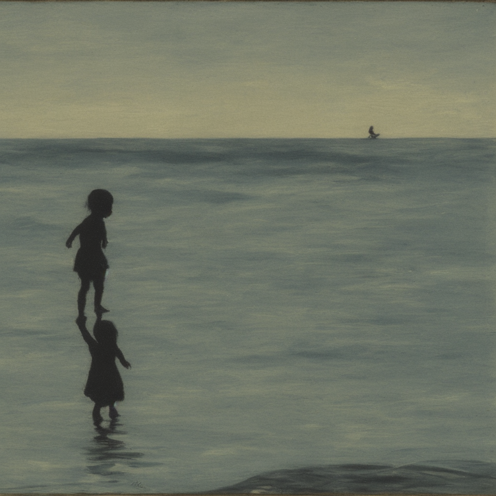 silhouette of a small girl playing in the ocean, M.K. Ciurlionis