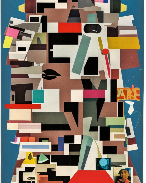 A mid-century modern collage, made of random shapes cut from fashion and science magazines and text books, of 2001: A Space Odyssey.