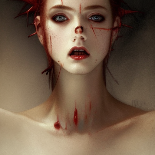portrait of beautiful vampire, thorns, anguished expression, headshot, pale skin, 4k, rule of thirds, extreme detail, detailed drawing, trending artstation, hd, fantasy, D&D, realistic lighting, by Alphonse Mucha, Greg Rutkowski.