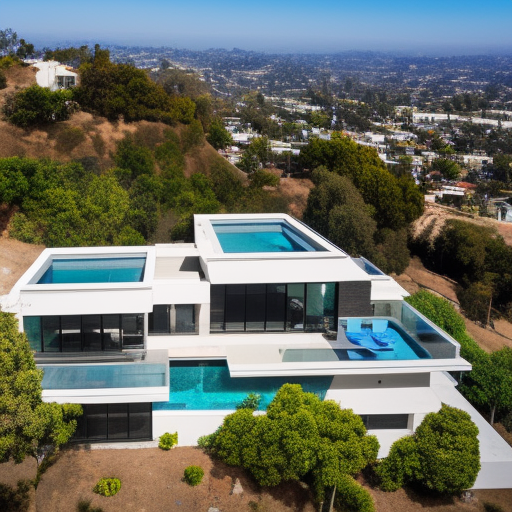 Drone image of a 2 story contemporary house in the hills of Los Angeles. Viewed from the backyard infinity pool.