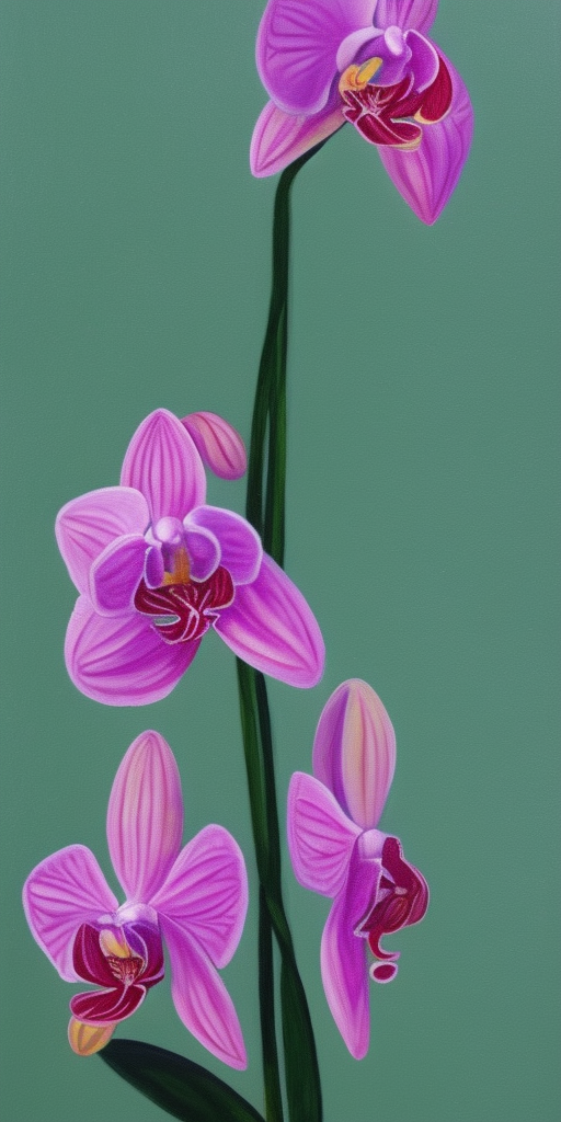 a painting of an orchid blossom opens and out comes a rocket (like from an egg)