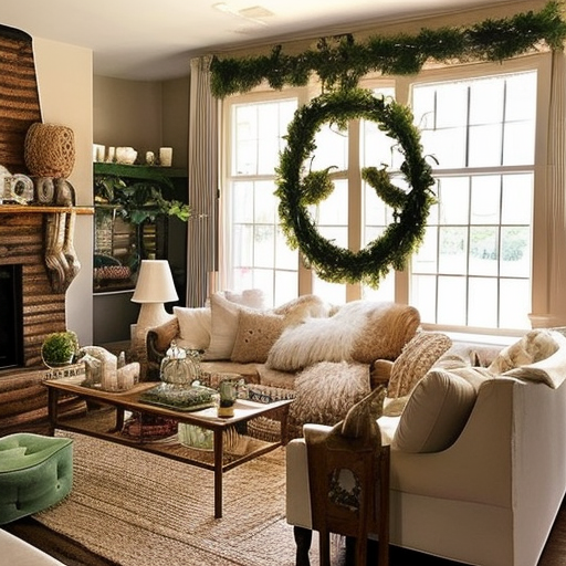 Boho style living room with faux pampas wreath hanging above the fireplace