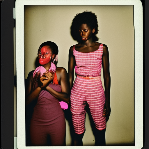 A vintage color Polaroid photograph of two African women fighting in a cheap apartment by Andy Warhol. Light leaks. Published in Purple magazine. Photorealistic
