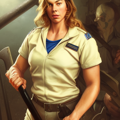 epic portrait a slightly muscular woman wearing short sleeved uniform and carrying a sledgehammer, detailed, centered, digital painting, artstation, concept art, donato giancola, Joseph Christian Leyendecker, WLOP, Boris Vallejo, Breathtaking, 8k resolution, extremely detailed, beautiful, establishing shot, artistic, hyperrealistic, beautiful face, octane render