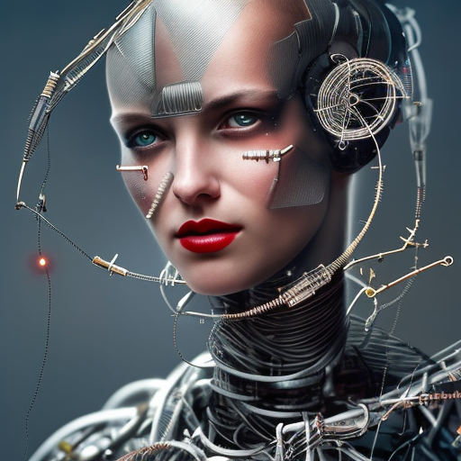 A professional portrait of a young cyborg woman made of metal parts, flying in the universe, gears, wires as hair, red eyes, lipstick, narrow waist, symmetrical face features, elegant, finely detailed, concept art, in style of Greg Rutkowski,
