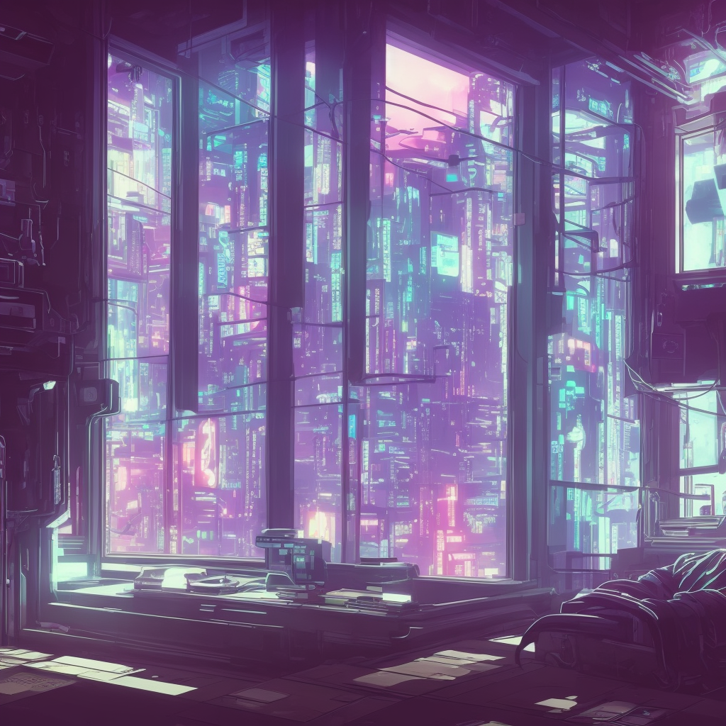 low angle shot of a cyberpunk livingroom, window with night sky, dark lighting, Ghibli style, anime background, anime concept art, cyberpunk2077, cel-shading, vanishing point