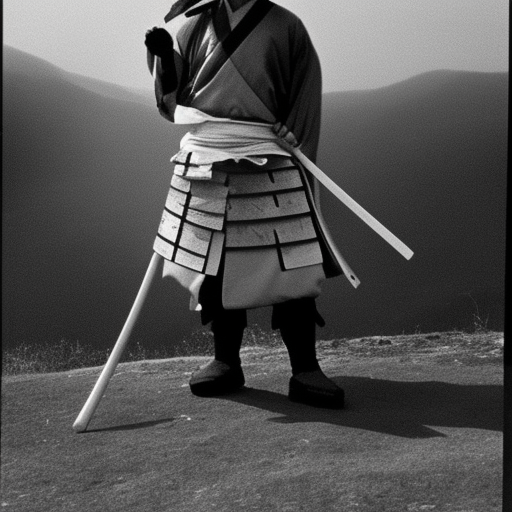 mature angry samurai with the flag of ecuador in his hand standing on a hill