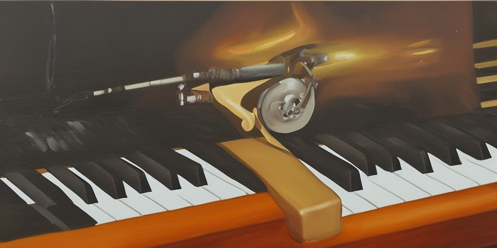 a oil painting of Rocket Guitar Keyboard Synthesizer Microphone