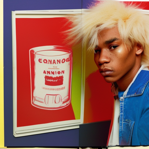 Long shot, African American male with blonde hair smoking weed in cheap apartment by Andy Warhol. Photorealistic. Film grain. Full color