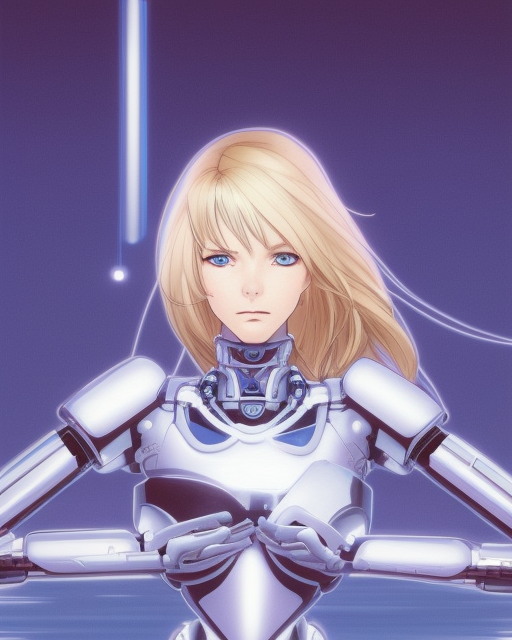 portrait of a blonde woman with blue eyes as a robot, cybernetic enhancements, art by makoto shinkai and alan bean, yukito kishiro