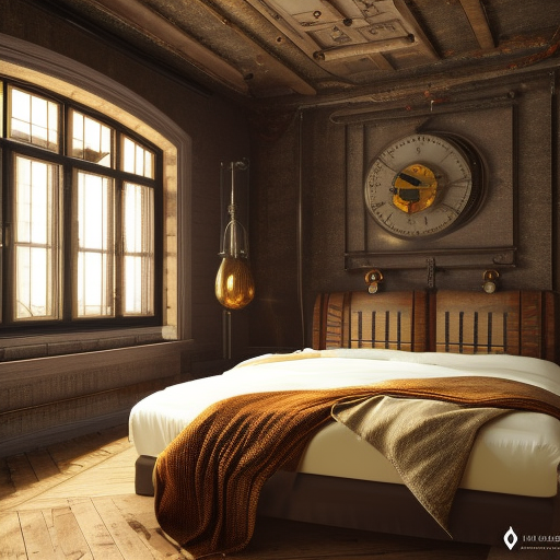 steampunk room, octane render, 3D art, ultra realistic, large windows, bedroom, cosy bed