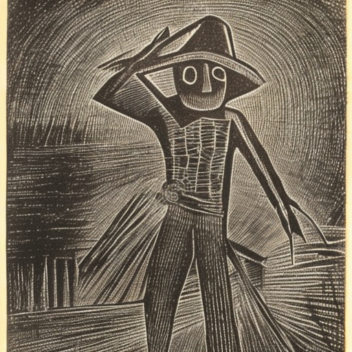 Scarecrow in a field of corn at night Engraving by Rufino Tamayo 