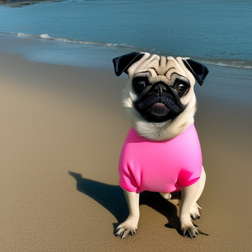 A female pug wearing a pink collar at the beach