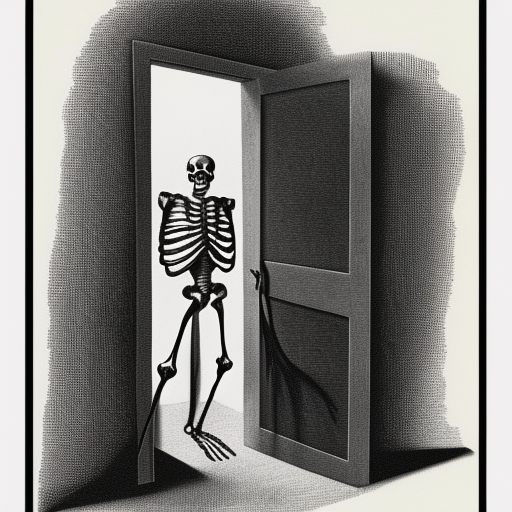 Skeleton in the closet engraving scary black and white high quality by Dali 