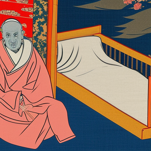 the pope is in his bed with a shadow demon from hell lingering beside the bed Ukiyo-e Japanese woodblock, low poly