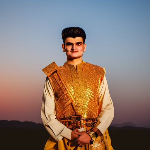 shaheen afridi in warrior costume in golden hour with golden background, close face