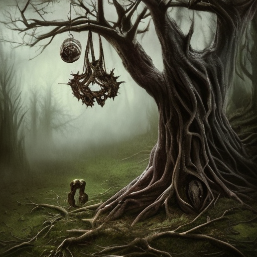 dark medieval, gnarled tree with offerings hanging from branches, bare roots, hole in the ground, Warhammer fantasy, summer, trees, misty, overcast, Dark, creepy, grim-dark, gritty, Yuri Hill, hyperdetailed, realistic, illustration, high definition, 4K, oil on canvas