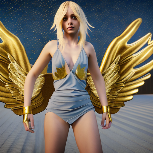 Sexy blonde angel with enormous golden wings with blue eyes and longe hair holding a bright star on her hand, unreal engine 5, highly detailed
