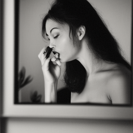 a very beautiful, very actractive, woman licks a mirror.
