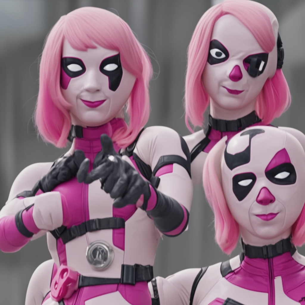A still of Gwenpool in Deadpool 3 (2023), blonde hair with pink highlights, no mask, white and light-pink outfit, smiling and winking at the camera