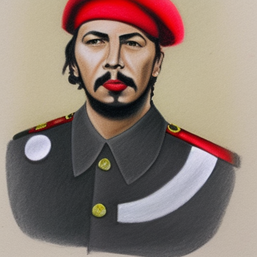 che guevarra, color pencil sketch, with red star on small black beret, symmetrical