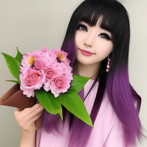 fada japonesa sexy com nariz delicado, lábios grande cabelo cinza e roxo, maquiagem com delineado sombra roxa com pétalas de flores, maquiagem rosa e roxa, mini saia, detalhes refinados, 4k, corpo sensual