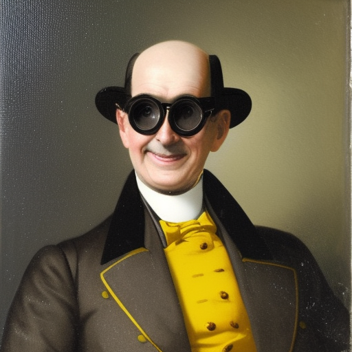 sixty-year-old scientist, bald, long gray sideburns, steamed-up glasses, evil grin, color photo portrait, suit with yellow trench coat, no mustache late 19th century, top hat oil painting on canvas