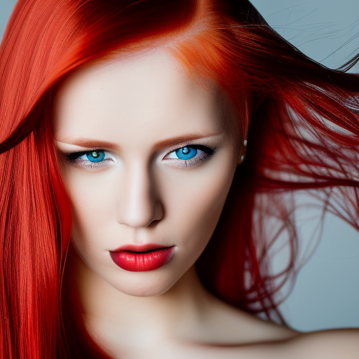 a beautiful woman with red hair, close - up photography, studio lighting