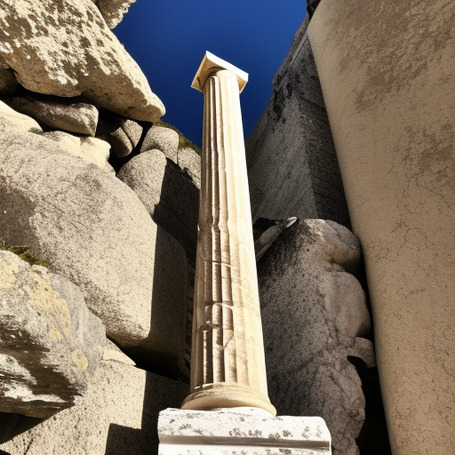 painfing of an ancient greek column standing alone on a cliff