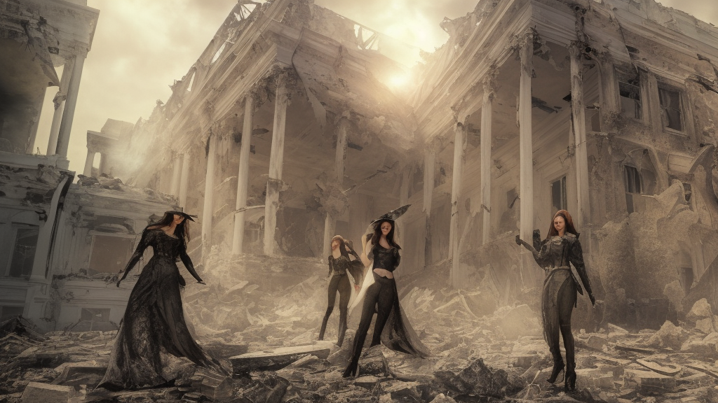 beautiful female witches exploring scorched ruins of the white house in washington dc, portrait, 3 d render, hyper realistic, ultra detailed, ruan jia, peter morbacher, wlop, scifi, fantasy, magic the gathering, cinematic, symmetrical, octane render, concept art, 8 k