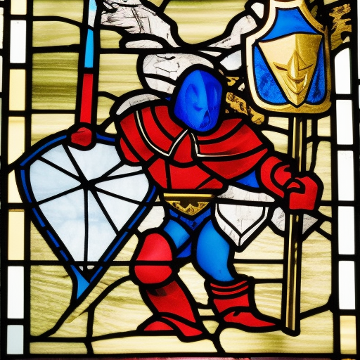 dark medieval, triumphant young evil gladiator defeating good gladiator with sword and shield, evil, Warhammer fantasy, stained glass, black and red, gold and blue, grim-dark, gritty