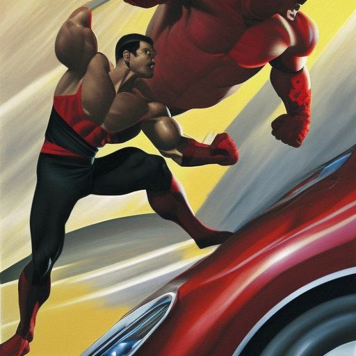hyperdetailed painting by alex ross of asian strong man superhero lifting a car