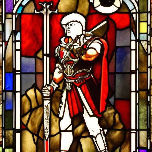 a young aggressive evil satanic gladiator with a big demonic sword, hellfire on a background, stained glass, Warhammer fantasy, black and red, grim-dark, detailed