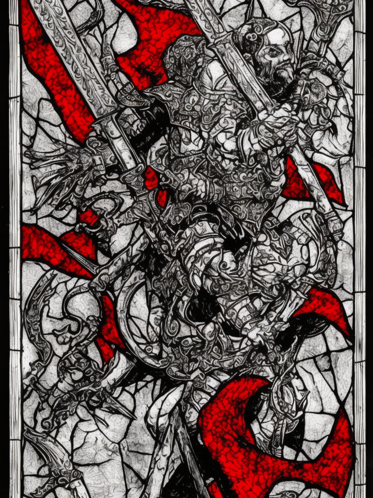 a young evil satanic triumphant gladiator with a sword, Warhammer fantasy, intricate stained glass, black and red, grim-dark, detailed, gritty