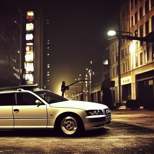 Audi A4 B6 Avant (2002) chased by the mafia, a gritty neo-noir, dramatic lighting, cinematic, establishing shot, extremely high detail, photorealistic, cinematic lighting, artstation, by simon stalenhag, Max Payne (PC) (2001) winter new york at night, dark night, bright lights, eldritch horror