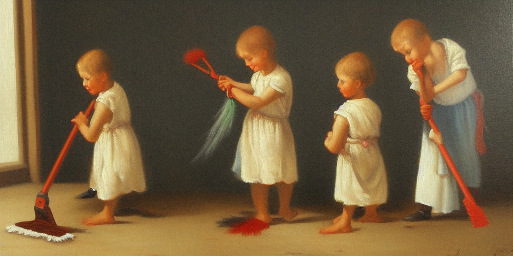 children cleaning house oil painting on canvas