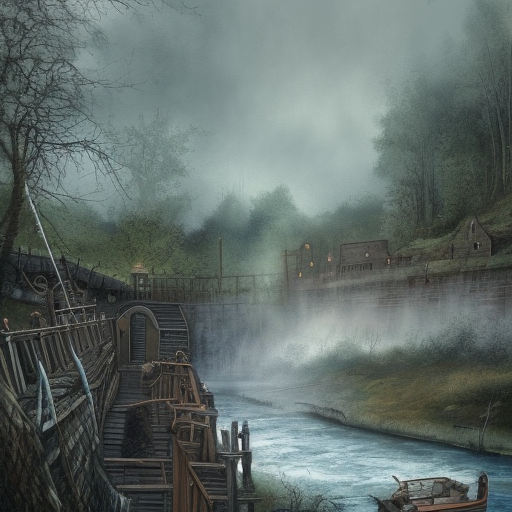 dark medieval, wide rapid river, river lock with sluice, different water levels, Warhammer fantasy, one building, summer, trees, fishing, nets, misty, overcast, Dark, creepy, grim-dark, gritty, Yuri Hill, hyperdetailed, realistic, illustration, high definition, 4K, oil on canvas