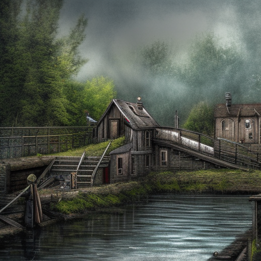 HDR, dark medieval, wide river lock with sluice, wide rapid river, lockhouse, Warhammer fantasy, summer, trees, fishing, nets, misty, overcast, Dark, creepy, grim-dark, gritty, Yuri Hill, hyperdetailed, realistic, illustration, oil on canvas