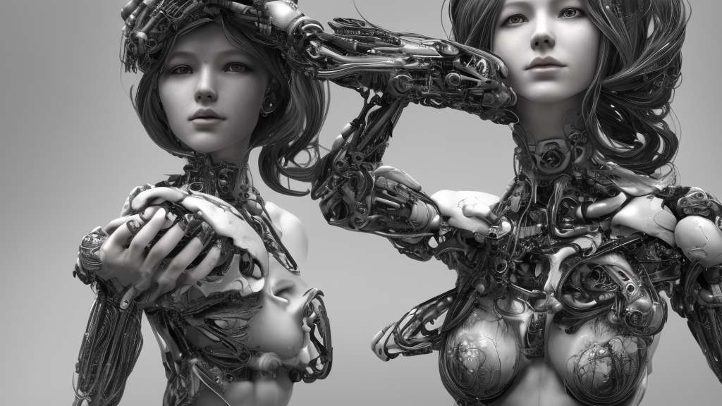 photorealistic, gorgeous symmetrical female cyborg, holding hands, lovingly holding highly detailed, synthetic creation, intricate, in the style of beth cavener, jin kagetsu, wlop, masterpiece, concept art, high key lighting, ambient lighting, octane render, 8 k, artstation