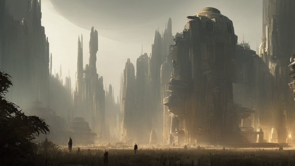 star wars concept art by greg rutkowski, an urban landscape of buildings of ancient architecture, but huge and imposing in the middle of a temperate jungle, cinematic lighting, dawn light, nostalgic atmosphere.
