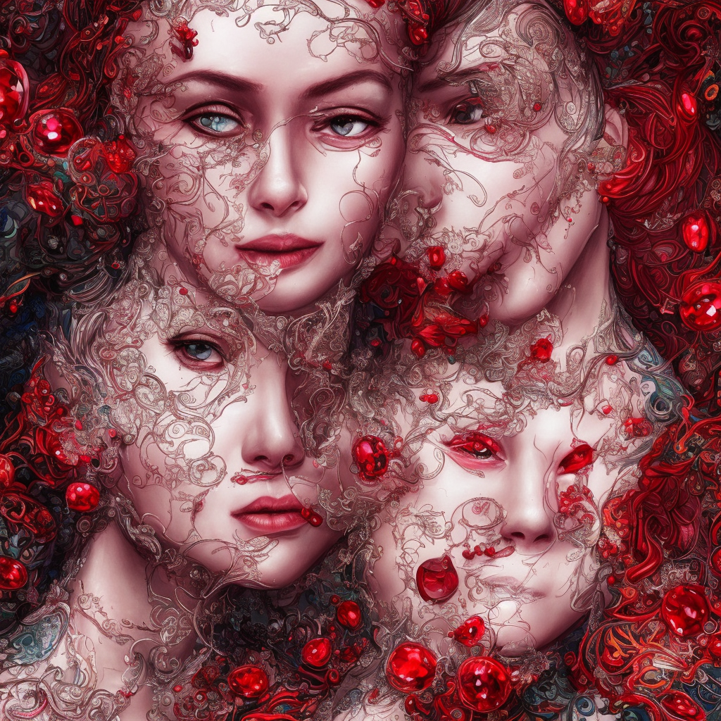 an absurdly beautiful, elegant, young hypercolorful woman made of rubies and red gems, ultrafine hyperrealistic detailed face illustration by kim jung gi, irakli nadar, intricate linework, sharp focus, bright colors, matte, octopath traveler, final fantasy, unreal engine highly rendered, global illumination, radiant light, intricate environment