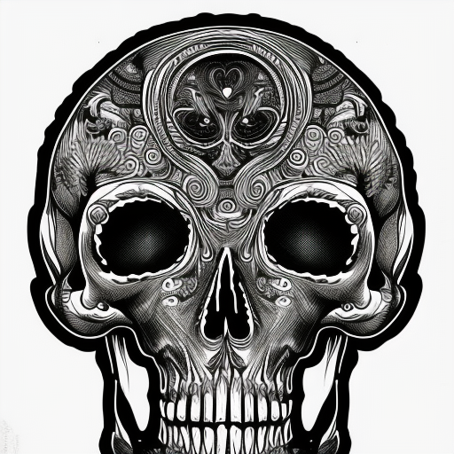 A 2D black and white skull peering through a t-shirt on a black background, with intricate details and a stylized rendering. black and white pencil illustration high quality